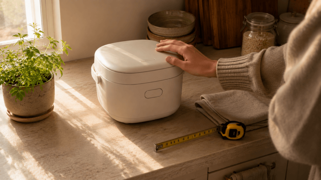 Hands comparing the footprints of two compact rice cookers on a narrow dorm kitchen counter beside a tape measure