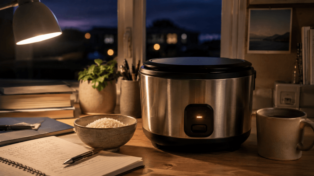 Mini rice warmer humming on a dorm counter at night beside books and a bowl — durable mini rice cooker and warmer in daily life.