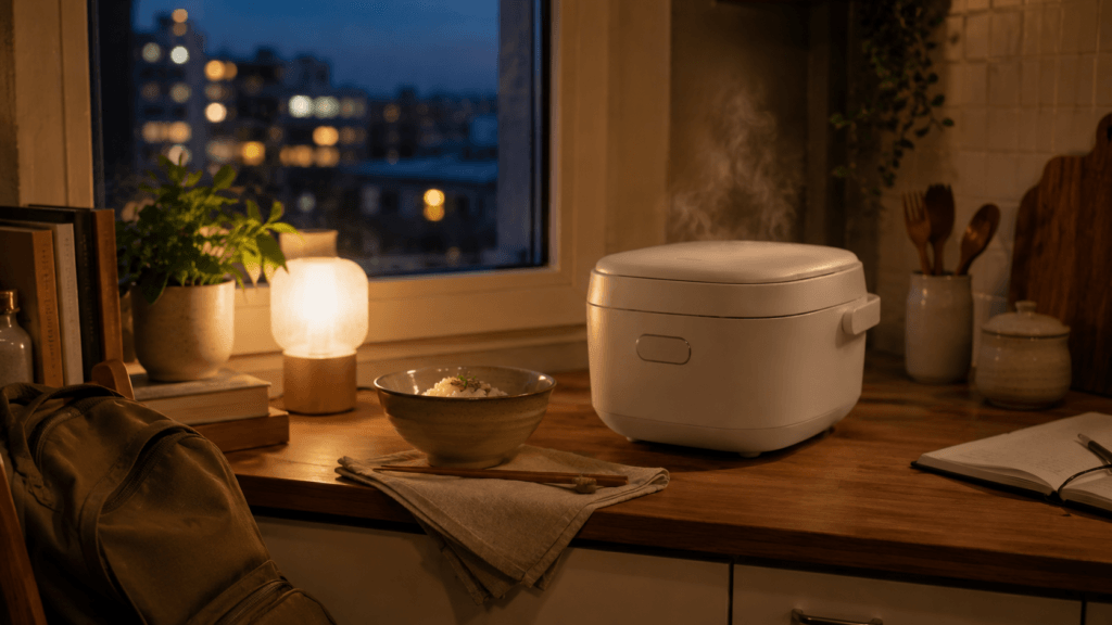 Small rice cooker and warmer steaming gently on a tidy studio counter at dusk, bowl and chopsticks waiting nearby