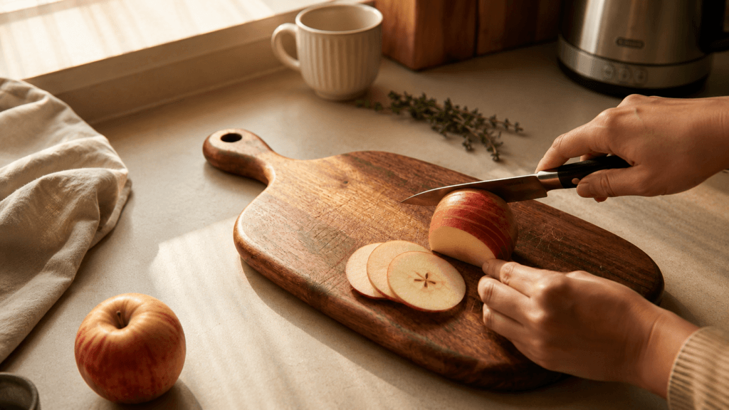 Hands slicing an apple on a walnut cutting board with handle, morning light across a narrow dorm kitchen counter 