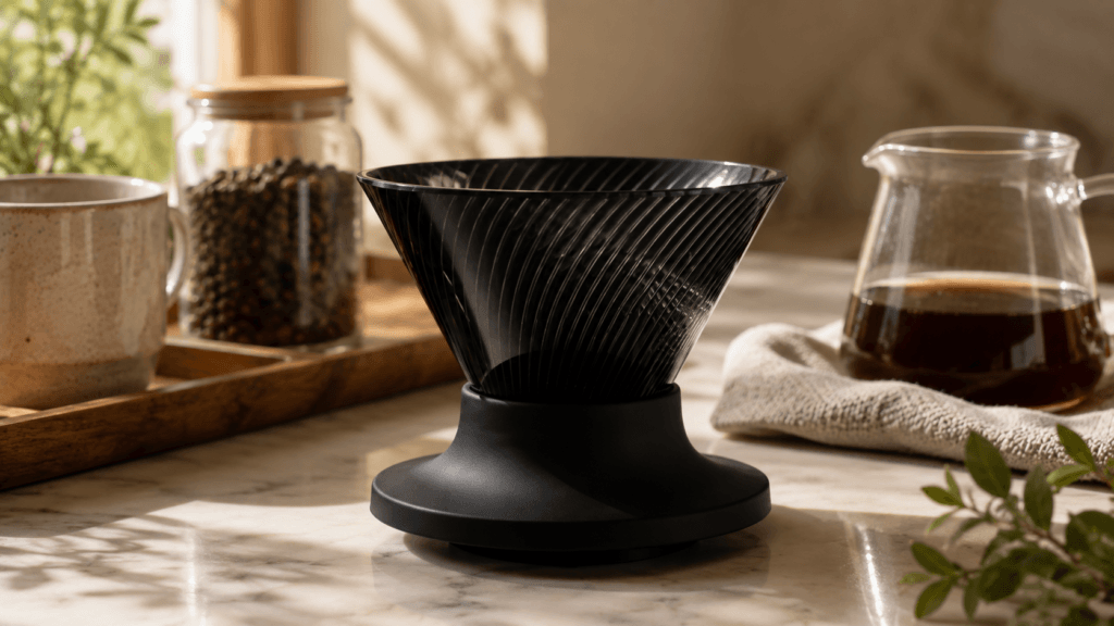 Close-up of a black resin pour-over cone, its spiral ribs catching soft morning light