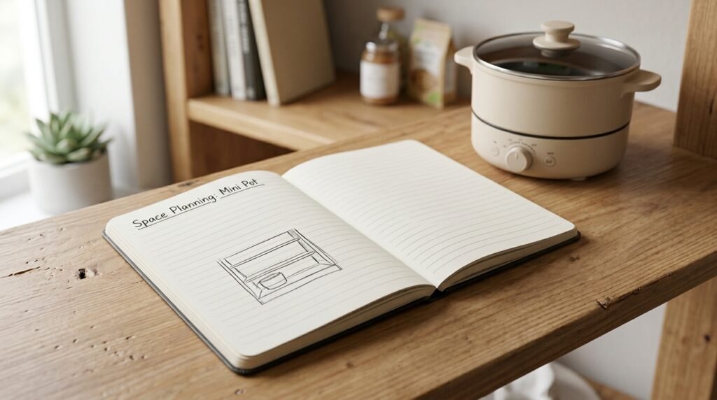 Notebook with measurements beside a tape measure on a dorm shelf, planning space for an electric pot for small kitchens