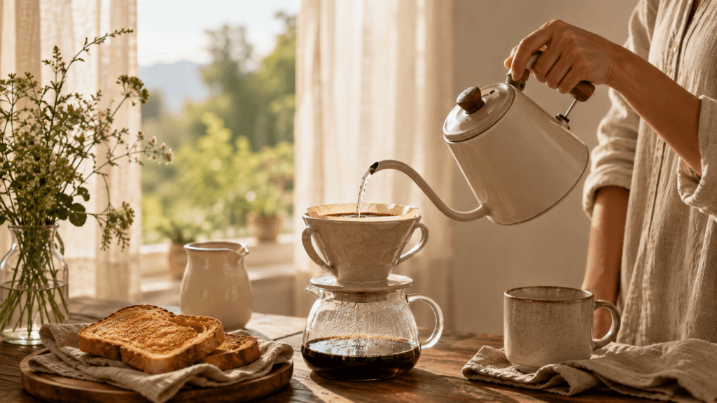 Close view of hands pouring hot water from a gooseneck kettle over coffee beside warm toast on a summer morning