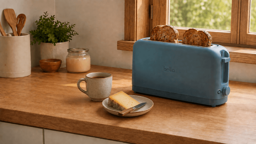 Slim Surf-blue toaster tucked on a narrow small-kitchen counter 