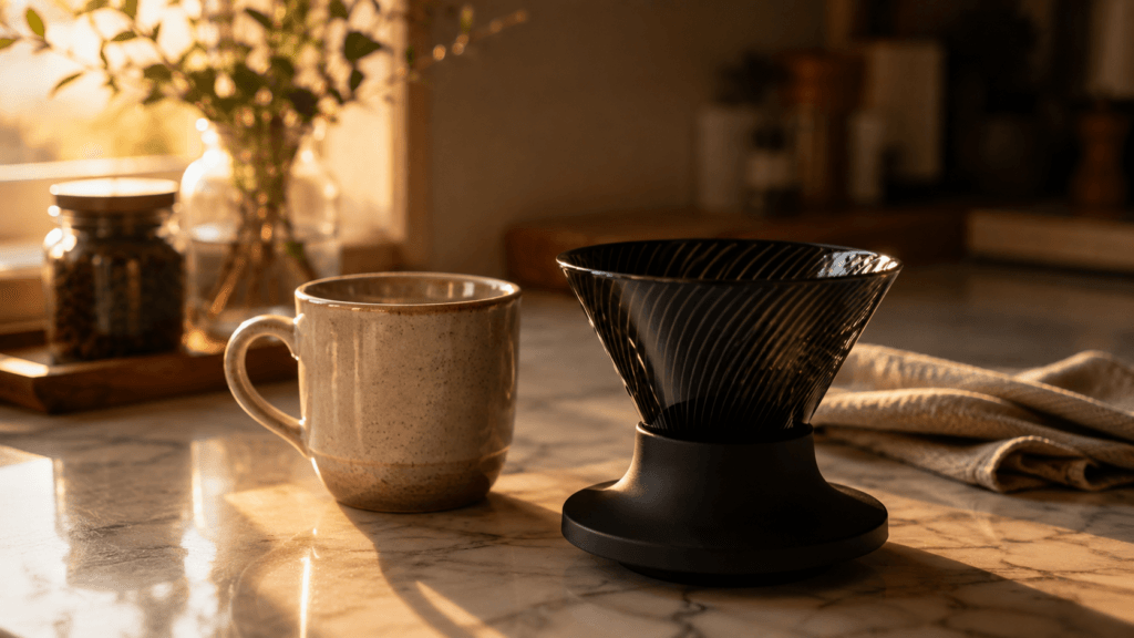 A coffee dripper at rest beside an empty mug in evening light, the end of a slow breakfast coffee ritual
