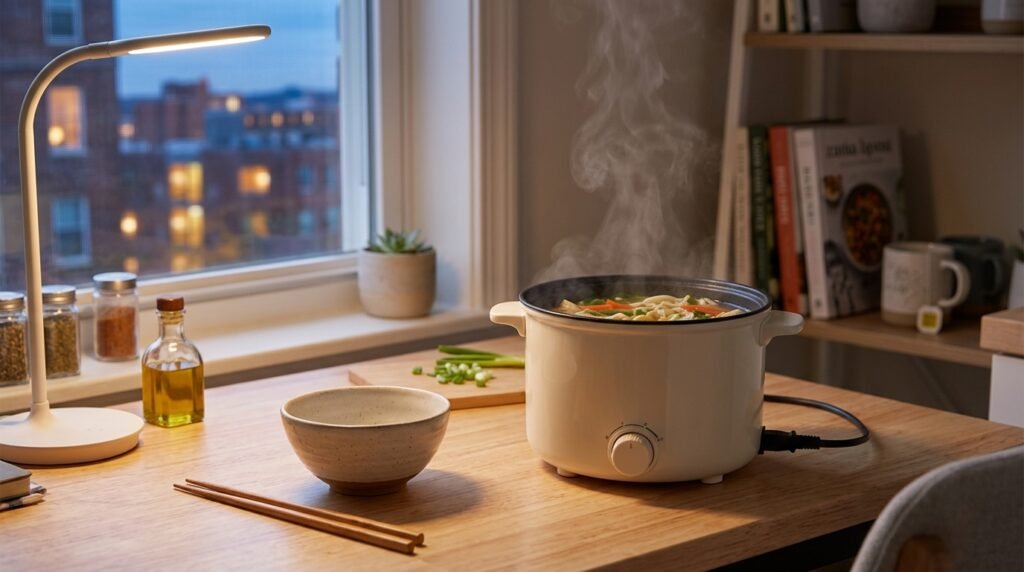 Steam rising from a mini electric hot pot on a tidy dorm desk at dusk, one bowl waiting — small kitchen dinner scene