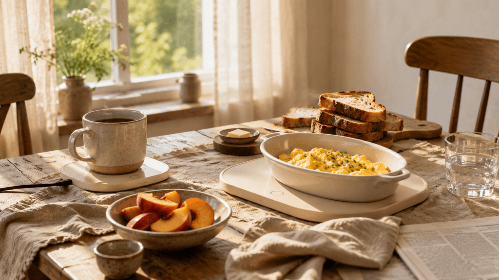Breakfast table with warm toast, heated coffee mug, and fresh fruit set in soft morning light near a window