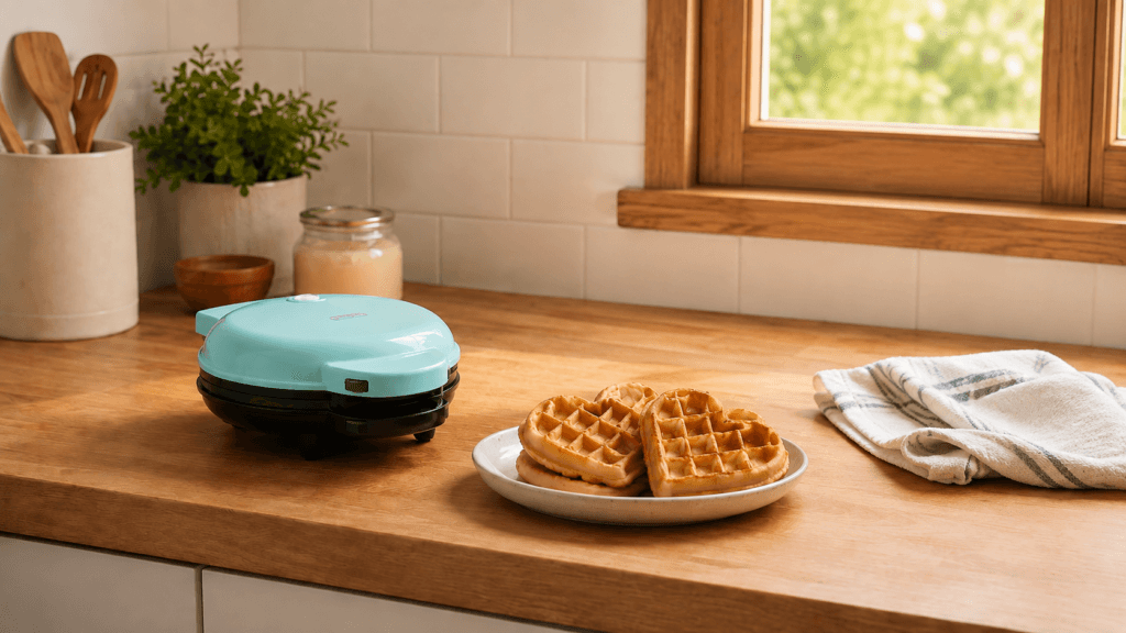 Aqua treat maker with heart-shaped waffle plate on a small counter 