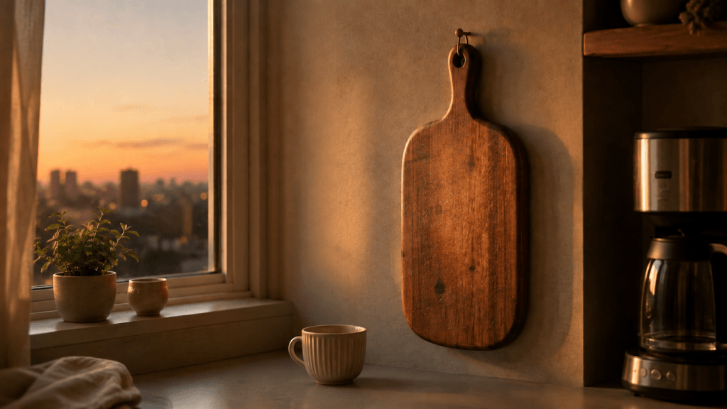 Hanging cutting board on a small counter wall at dusk, walnut wood resting in soft evening light 