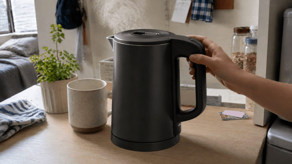 Small electric kettle in 304 stainless steel steaming beside a mug on a minimalist dorm desk at morning