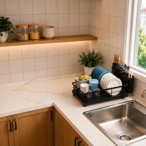 The compact dish racks styled on a small kitchen counter