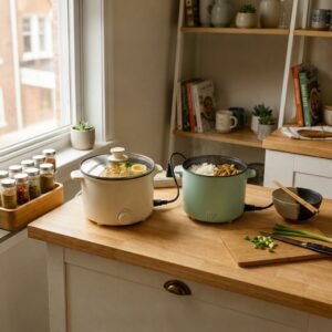Two mini electric hot pots side by side on a small counter, — how to choose a mini electric hot pot