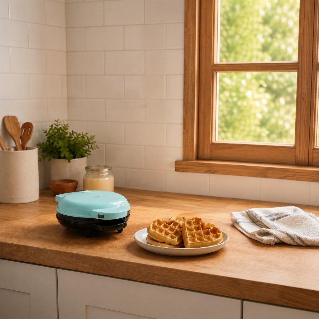 Aqua treat maker with heart-shaped waffle plate on a small counter