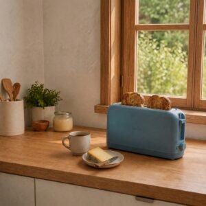 Slim Surf-blue toaster tucked on a narrow small-kitchen counter