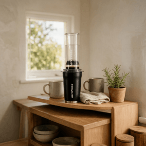 Black travel coffee press and steel tumbler brewing on a small kitchen counter at sunrise