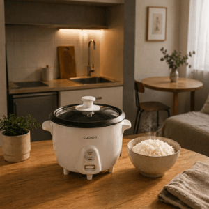 White CUCKOO mini rice cooker sitting on a small minimalist kitchen counter
