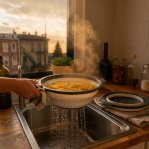 Pasta draining in a collapsible colander over a kitchen sink at dusk
