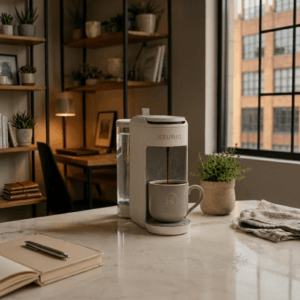 Keurig K-Mini Mate Plus compact single serve coffee maker brewing on a small kitchen counter in morning light