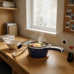 Navy non-stick electric pot simmering ramen on a small dorm desk