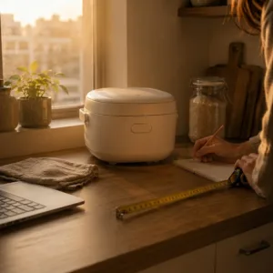 Person with tape measure and notebook choosing how to choose a mini rice cooker on a small autumn-lit kitchen counter