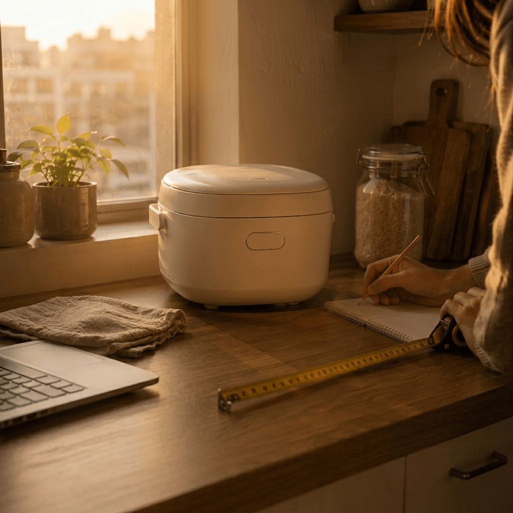 Person with tape measure and notebook choosing how to choose a mini rice cooker on a small autumn-lit kitchen counter
