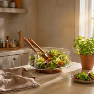 Large glass salad bowl with acacia wood base filled with fresh greens on a small kitchen counter