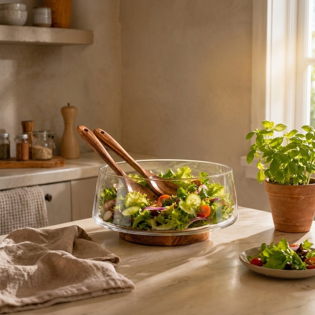 Large glass salad bowl with acacia wood base filled with fresh greens on a small kitchen counter