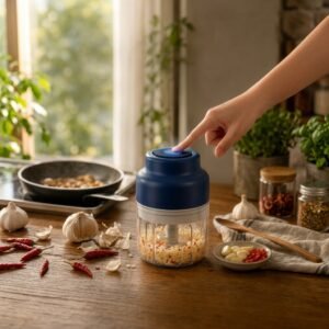Mini electric garlic chopper mincing fresh garlic on a small studio kitchen counter, cordless and compact