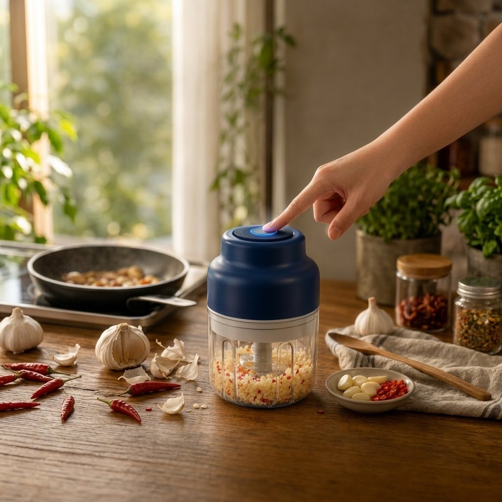 Mini electric garlic chopper mincing fresh garlic on a small studio kitchen counter, cordless and compact