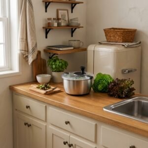 Stainless steel salad spinner with transparent lid on a kitchen counter with fresh greens
