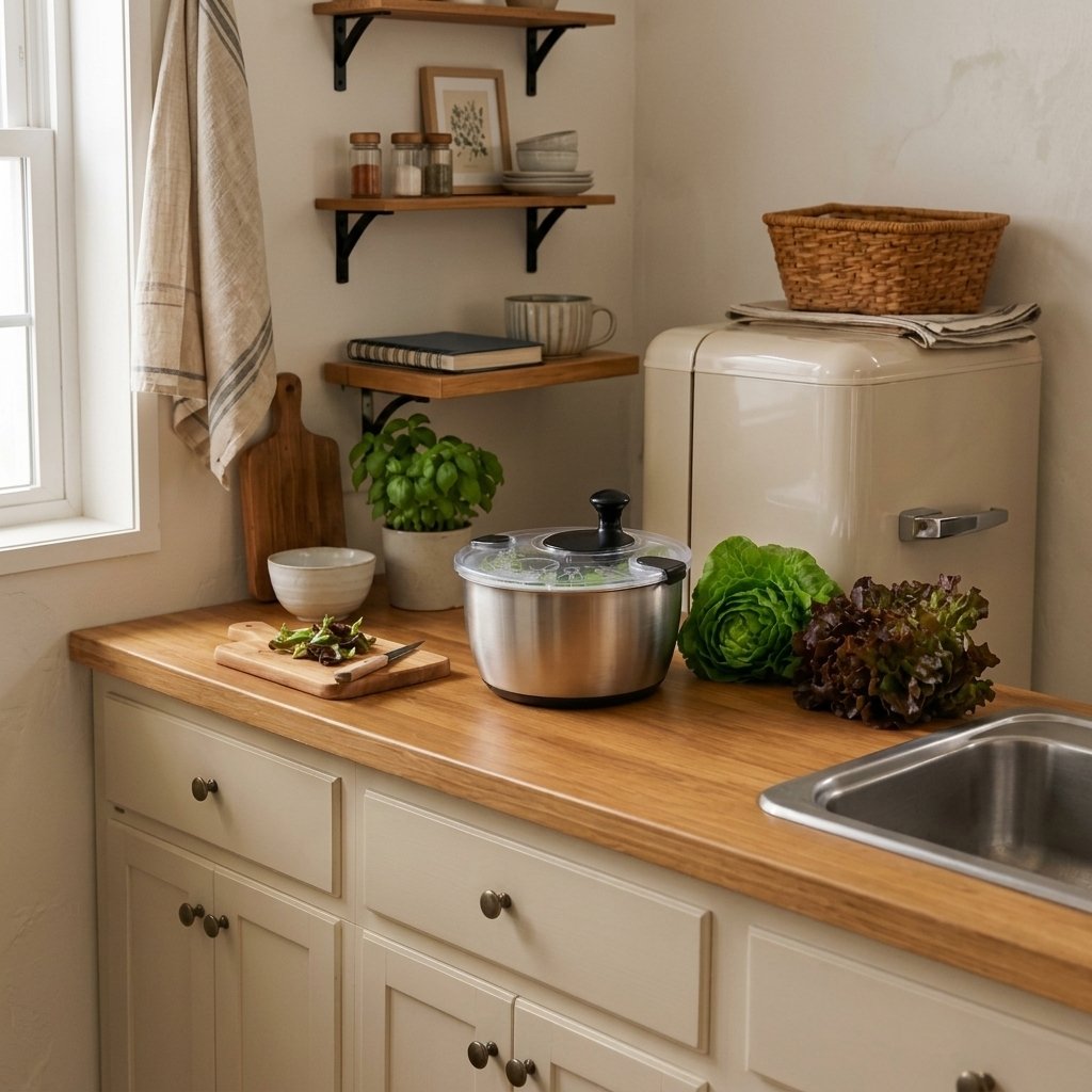 Stainless steel salad spinner with transparent lid on a kitchen counter with fresh greens