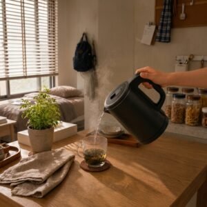 Compact 1.0L electric kettle pouring hot water over tea in a small studio kitchen corner