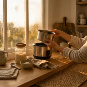 Hands lifting a mini rice cooker inner pot into amber autumn light — what makes a good mini rice cooker, felt up close.