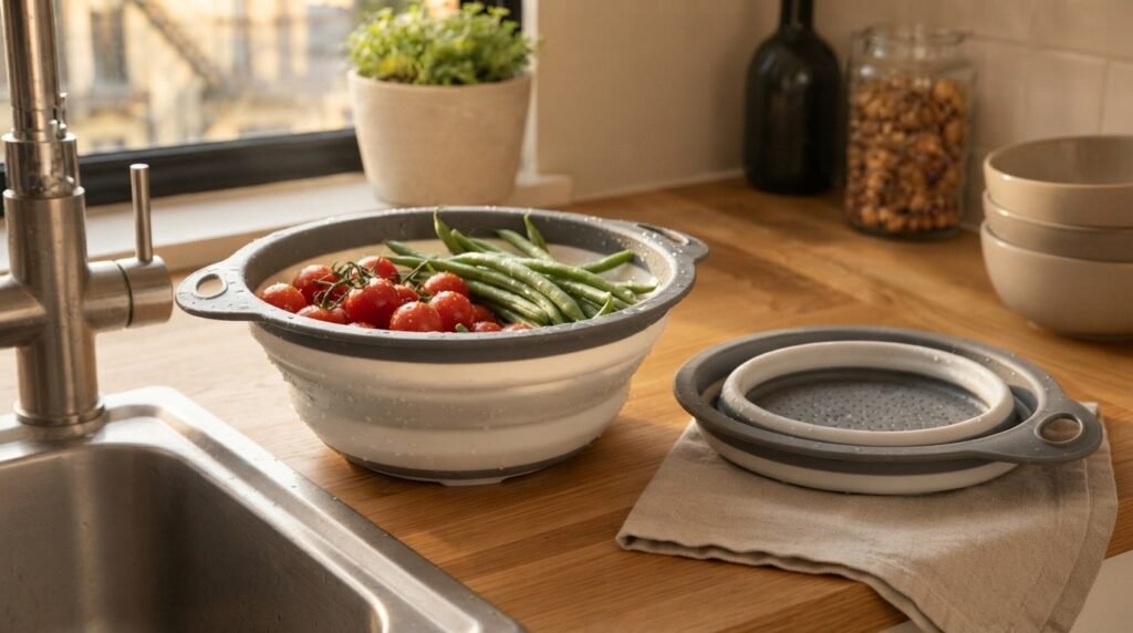 Collapsible colander folded flat next to fresh vegetables in a small kitchen drawer