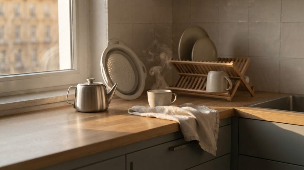 Compact kitchen tools drying by a window — folding colander, small kettle, and dish rack in soft daylight