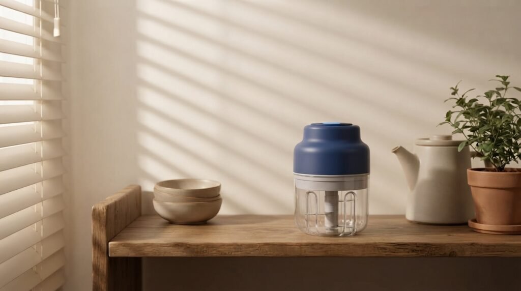 Cordless mini chopper beside charging cable on a dorm desk shelf, showing its compact drawer-sized footprint