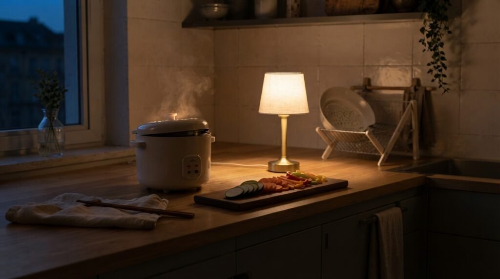 Evening in a minimalist small kitchen — warm lamp glow on a walnut board and steaming mini hot pot