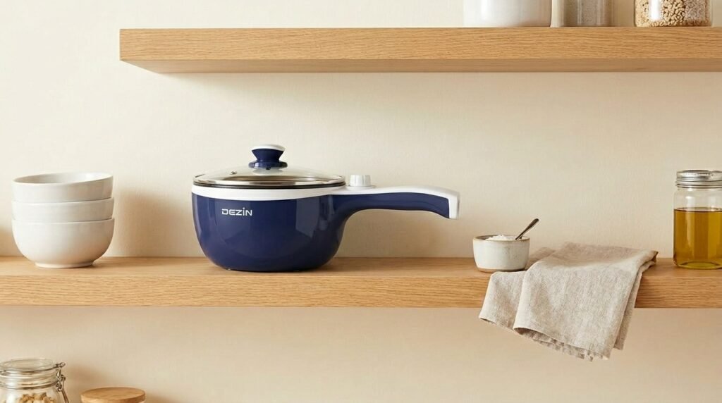 Compact electric pot stored on a small kitchen shelf