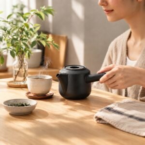 Black KINTO teapot held in soft morning light on a small kitchen counter