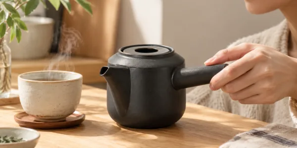 Black KINTO teapot held in soft morning light on a small kitchen counter